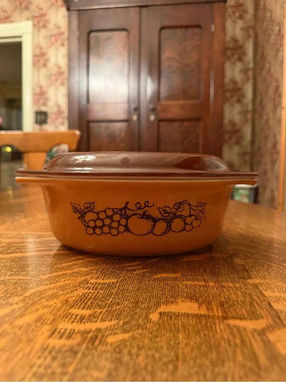 Vintage Brown Covered Casserole Dish with Fruit Motif - Brown